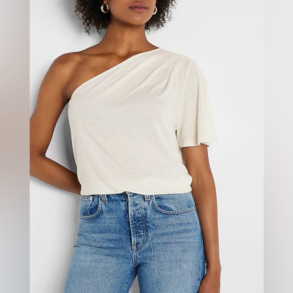 Express Skimming Linen-Blend Pleated One Shoulder Tee